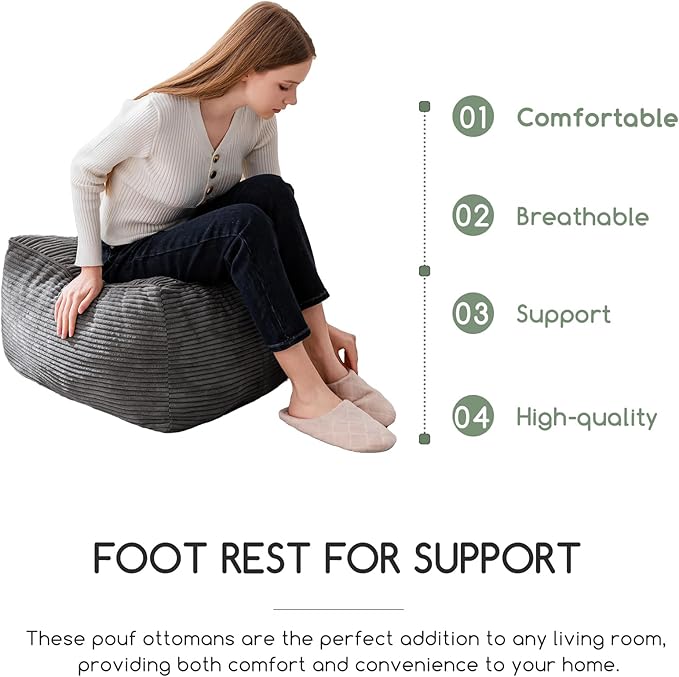 HIGOGOGO Square Stuffed Pouf Ottoman, Corduroy Poufs with Foam Chunk Filling, Furry and Fluffy Pouf Foot Stool Storage Ottoman, 25.6 X 25.6 Floor Poufs Foot Rest for Living Room, Dark Grey-Ruum Studio Home