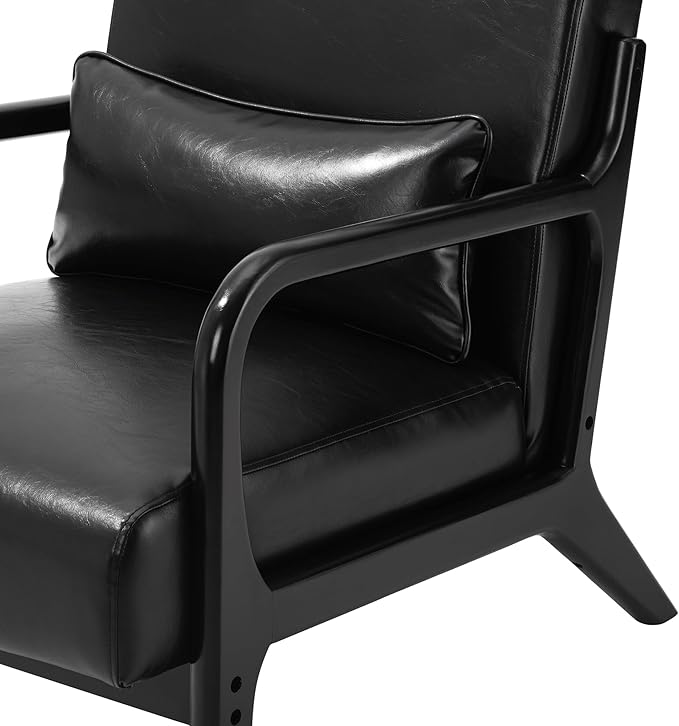 Glitzhome 2 Set Mid Century Black Accent Armchair, Single Reading Armchair PU Leather Lounge Chair with Walnut Ruberwood Frame-Ruum Studio Home