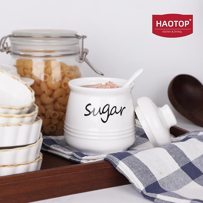 HAOTOP 12oz Sugar Bowl with Lid and Spoon,Ceramic Sugar Jar Sugar Dispenser Sugar Container Coffee Bar Accessories, Kitchen Countertop Canisters, White-Ruum Studio Home