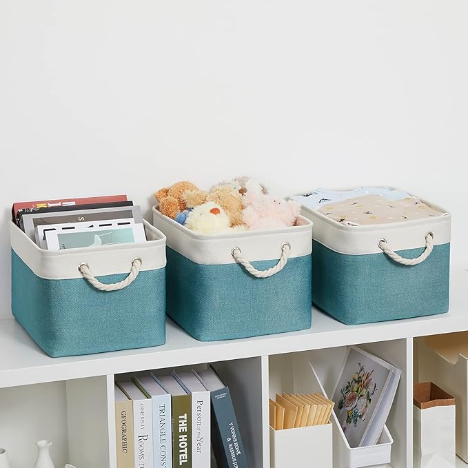 Bidtakay Basket Storage Bins with Handles Fabric Large Storage Baskets for Organizing Set of 3 Collapsible Rectangular Basket for Shelves Closet Organizer 15 X 11 X 9.5 Inches(White&Teal Blue)-Ruum Studio Home