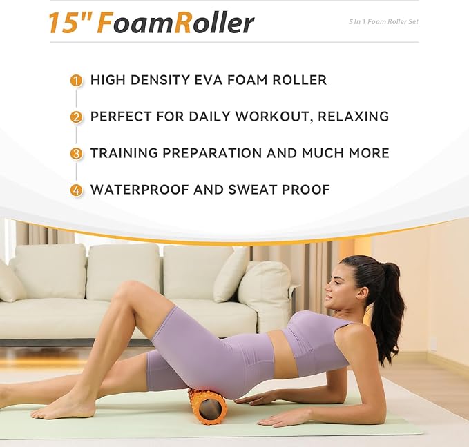 5 in1 Foam Roller Set, Trigger Point Foam Roller, Massage Roller Stick, Massage Ball, Resistance Band for Deep Muscle Massage Pilates Yoga,Fitness Exercise for Whole Body (Pure Orange)-Ruum Studio Home