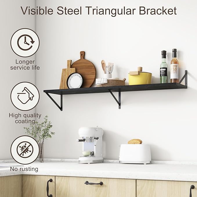 Floating Shelves 48 Inch Long, 10" Deep Floating Shelves, Black Wall Shelves 48 x 10, Set of 2, Wide Large Display Storage Shelves for Bathroom, Living Room, Rustic Wood Shelves with Brackets-Ruum Studio Home