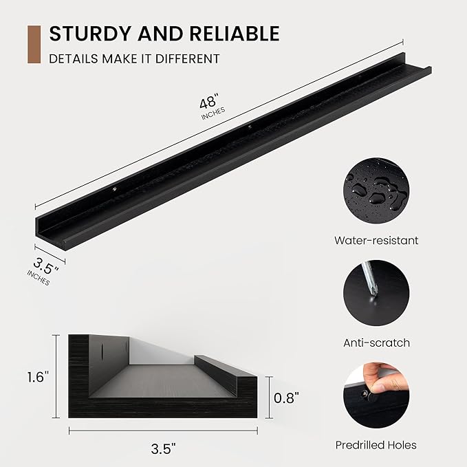 Picture Ledge Shelf, Solid Pine Wood Floating Shelves Set of 2, 48 Inches Nursery Book Shelves for Toys Storage, Kids Bookshelf Wall Mounted for Living Room Bedroom Decor Books Photo Frames, Black-Ruum Studio Home