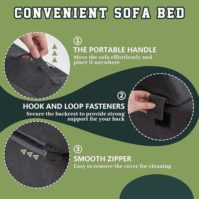 jela Foldable Sofa Bed Soft Foam Convertible Sleeper Chair Luxury Miss Fabric Fold Out Chair Bed Floor Couch with Back Support Floor Sofa for Living Room Bedroom (Twin,Dark Gray)-Ruum Studio Home