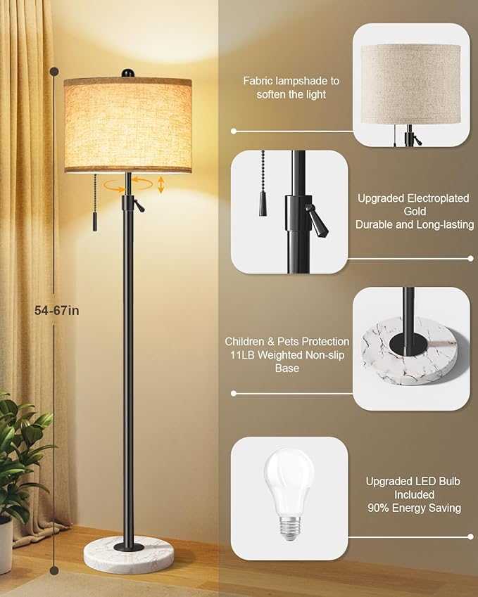 Floor Lamp for Living Room - Adjustable Height Standing Lamp with Marble Base & Linen Shade - Tall Pole Floor Light with 3 Color Temperatures Bulb for Bedroom, Reading - Easy Assembly-Ruum Studio Home