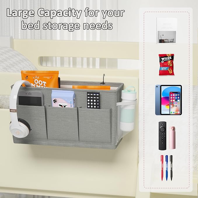 Dual-purpose Bedside Caddy Bedside Organizer, Bed Caddy with 6 Pockets, Versatile Bedside Storage Solution Magazine Remotes holder, ideal for Home, Dorm, Hospital, Crib Bed (Grey)-Ruum Studio Home