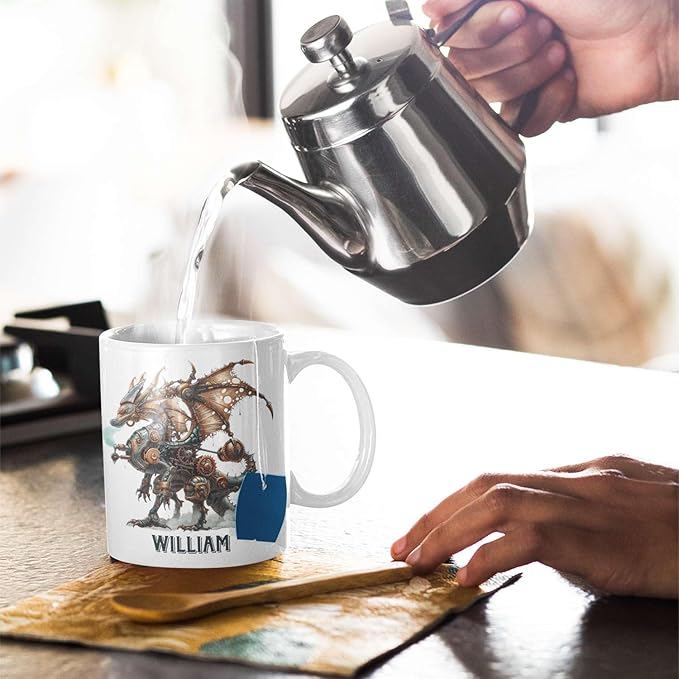 Personalized Name Dragon Lover Ceramic Mug 15oz, Custom Mechanical Dragon Design Coffee Cup, Unique Dragon Mug Gift For Fantasy Enthusiasts, Customized Kid Cup On Birthday, Holiday-Ruum Studio Home
