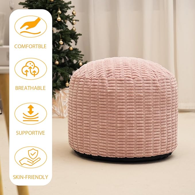 Round Stuffed Pouf Ottoman for Foot Rest, Storage Ottoman Pouf Foot Stool Cushion, Faux Fur Poufs with Foam Chunk Filling, 26 X 18 Inch Floor Chair for Living Room Bedroom Home Decor, Pink-Ruum Studio Home
