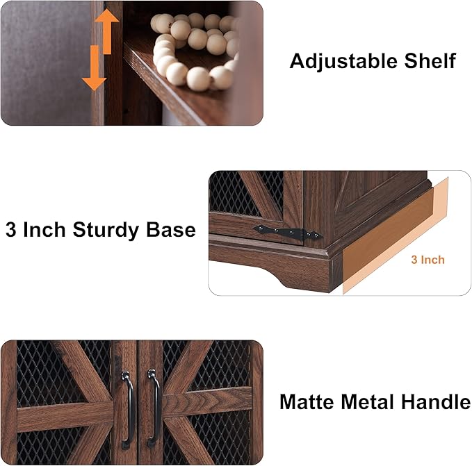 JXQTLINGMU Farmhouse End Table, 24" Large Sofa Side Table with Charging Station, Mesh Barn Door, and Adjustable Storage Shelf, Rustic Wood Square Nightstand for Living Room, Bedroom, Office, Brown-Ruum Studio Home