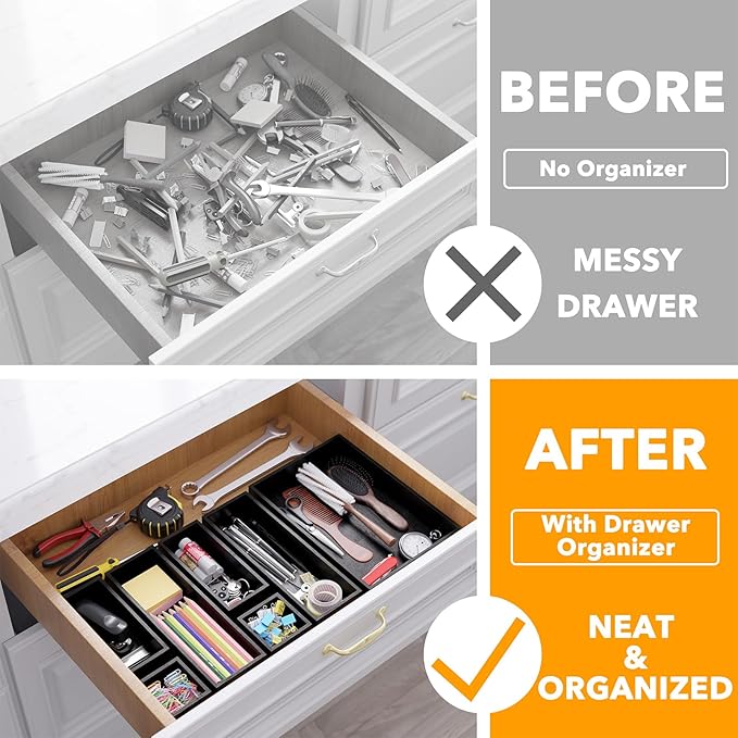 SpaceAid 7-Piece Bamboo Drawer Organizer Storage Boxes Set, Wood Tray Junk Drawer Organizers Multi-Use Divider Bins for Kitchen, Bathroom, Office Desk and Makeup Organization (7 Pack, Black)-Ruum Studio Home