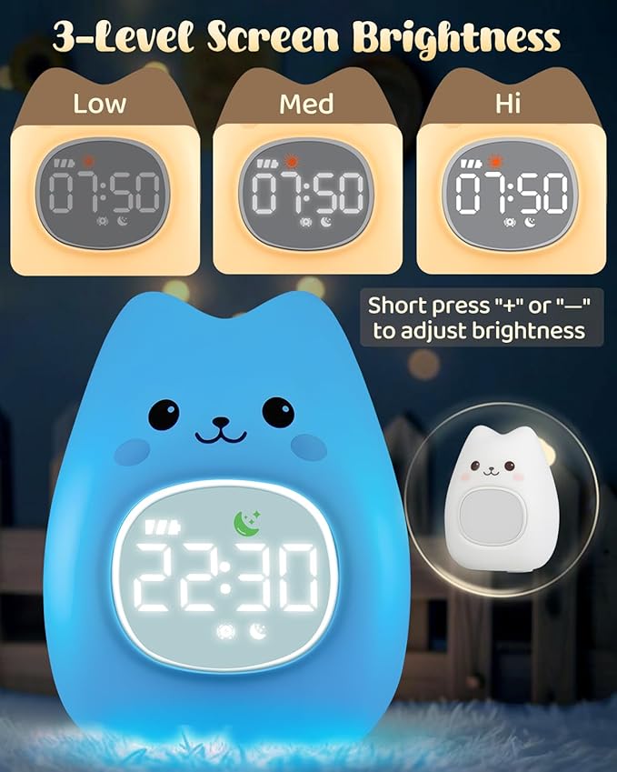 Cat Alarm Clock for Kids with Night Light, Sleep Training Clock Time to Wake Clock, Rechargeable Silicone Light for Bedroom, Perfect Sleep Companion for Boys Girls-Ruum Studio Home