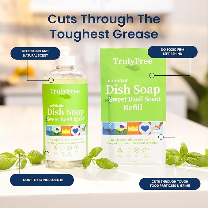 Natural Concentrated Dish Detergent Dishwashing Liquid | Plant-Based Dish Soap | Sweet Basil Fresh Scent | 2 Refill Packs with 1 Empty Refillable Squeeze Bottle (16 Oz)-Ruum Studio Home