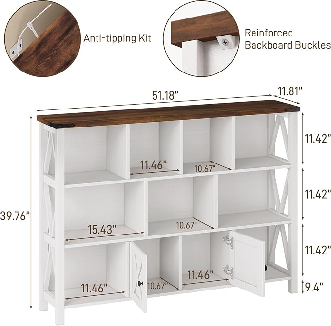 11 Cube Storage Organizer Bookshelf, Wooden Open Cube Shelf Bookcase, Farmhouse Display Book Shelf, 3 Tier Cube Bookshelves with Storage, Rustic White-Ruum Studio Home