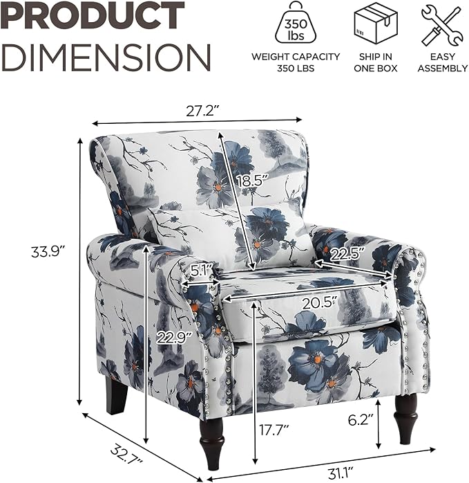 Wingback Accent Chair with Removable Pillow, High Back Floral Armchair with Solid Wood Legs & Nailhead Trim, Comfy Upholstered Reading Single Sofa Chair for Bedroom (1, Ink Blue Pattern)-Ruum Studio Home