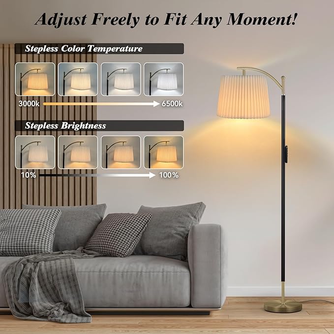 Floor Lamp, LED Floor Lamp with APP & Remote & Touch Control, Stepless Color Temperatures and Brightness, Tall Standing Lamp with Pleated Lampshade for Living Room, Bedroom, Office(Black Gold)-Ruum Studio Home