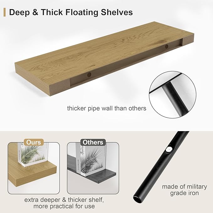 Heimlove Bathroom 12'' Deep Floating Shelves for Wall - Shelf Over Toilet Wall Mounted Farmhouse 24 inches,Rustic Wood Wall Shelves Decor & Storage Set of 1 Oak-Ruum Studio Home