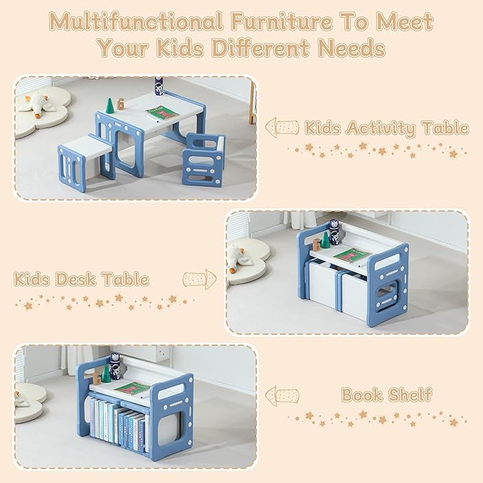 3 in 1 Montessori Weaning Table and 2 Chairs Set, Kids Activity Table Set, 2 Height Levels, Toddlers Activity Table for Drawing, Dining, Reading and Playing, Blue-Ruum Studio Home