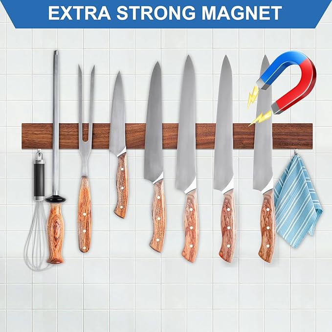 Magnetic Knife Holder for Wall, Magnetic Knife Strip No Drilling 20 Inch, Walnut Wood Magnet knife holder strip with 2 Hooks, Powerful Magnet Knife rack for Kitchen Utensils, Knives and Tools-Ruum Studio Home