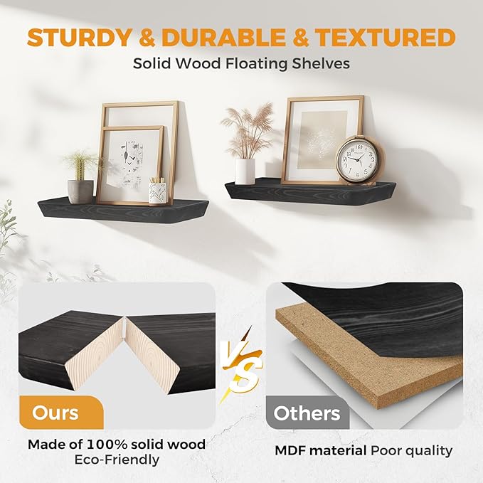 16"x6.8"x1.6" Slanted Floating Wall Shelves 2-Pack - Rustic Black Finish, Heavy-Duty Solid Wood Design with Hidden Brackets - Perfect for Living Room, Kitchen, Bathroom, or Office-Ruum Studio Home