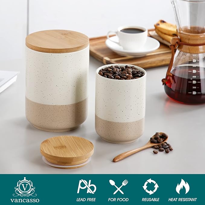vancasso Sabine Small Ceramic Canister with Airtight Wood Lid - 18 oz Kitchen Storage for Coffee, Sugar, Tea & Spices - Compact Countertop Jar-Ruum Studio Home