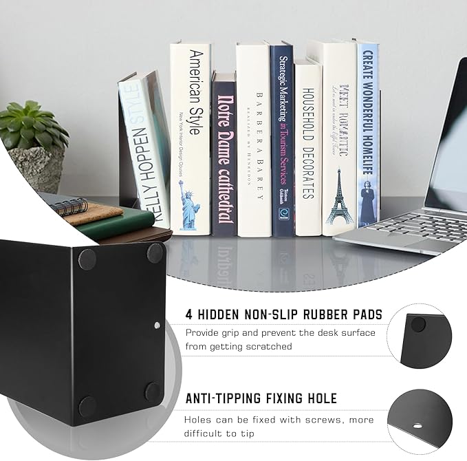 VONDERSO Metal Bookends, 4 Pairs Black Metal Book Ends Heavy Duty for Shelves Decor Home Office, Unique Black Bookends Supports Anti-Slip for Kids-Ruum Studio Home