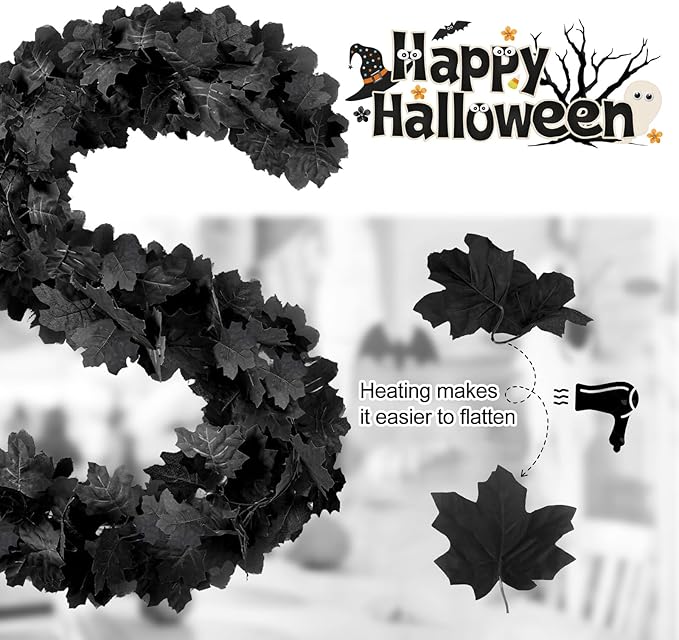 Joyhalo 4 Pack Halloween Garland, 5.7FT Black Maple Leaf Garland Halloween Decor, Spooky Black Leaves Vines Outdoor for Mantle, Home, Office, Stair Railing, Door Frame, Fireplace and Fall Decorations-Ruum Studio Home