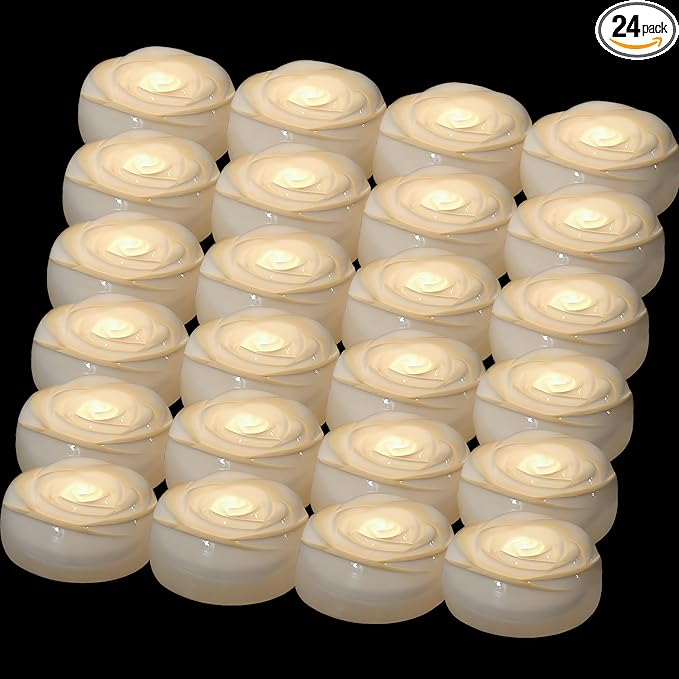 Aignis 24pcs Flameless LED Floating Candles, White Rose Plastic Tealight Battery Operated, 120+ Hours Glow Time, Cozy Light for Romantic Pool/Bathtub/Hot Bath/Wedding Centerpiece Decor(D2.83*H1.42)-Ruum Studio Home
