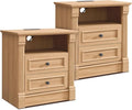 26" Tall Farmhouse Nightstand Set of 2, 2 Drawers End Table w/Charging Station, 23.6" Wide Large Side Tables w/Roman Column, Wood Rustic Sofa Tables w/Open Shelf, Bedside Table for Bedroom, Natrual-Ruum Studio Home