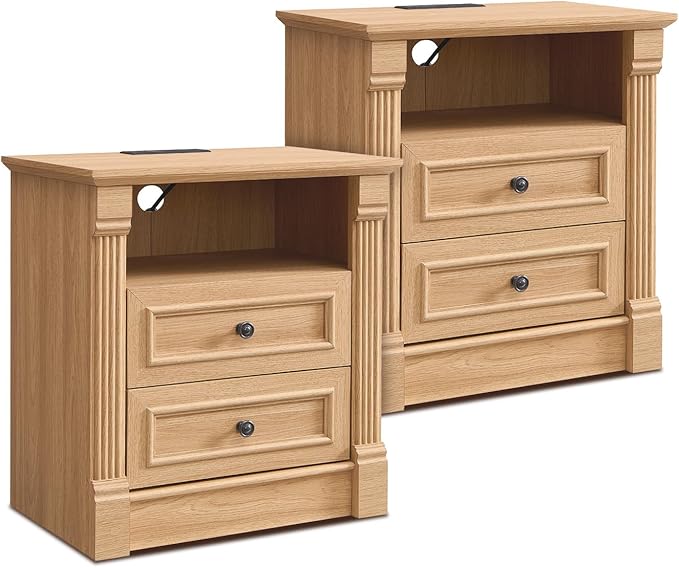 26" Tall Farmhouse Nightstand Set of 2, 2 Drawers End Table w/Charging Station, 23.6" Wide Large Side Tables w/Roman Column, Wood Rustic Sofa Tables w/Open Shelf, Bedside Table for Bedroom, Natrual-Ruum Studio Home
