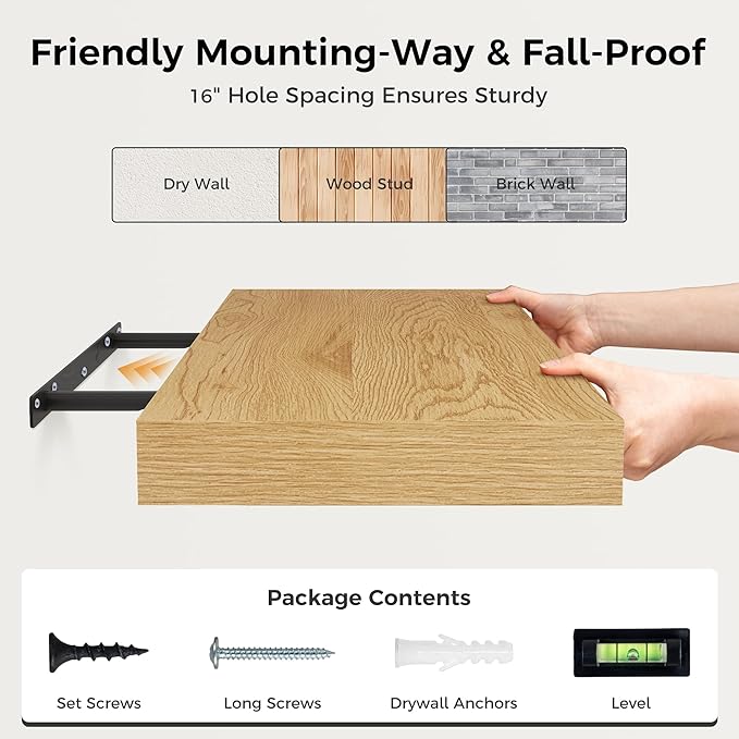 12 Inch Deep Floating Shelves, 24 x 12 Floating Shelf for Books, Rustic Wood Deep Wall Shelves for Home Storage & Display, 2" Thicked Shelves for Kitchen, Living Room, Bedroom, Oak Color, 1 Pack-Ruum Studio Home