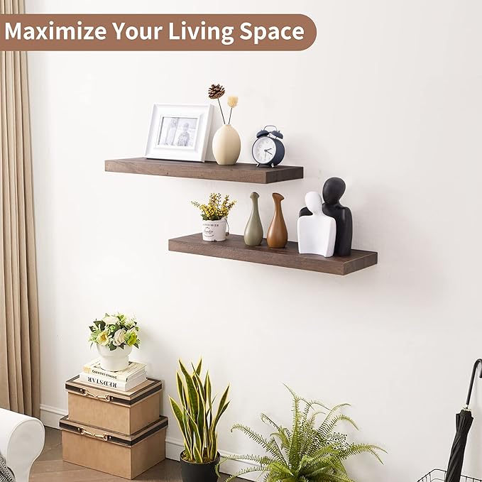 Axeman Floating Shelves for Wall, 24''W x 8'' D Rustic Solid Elm Wood Shelves for Storage, Wall Mounted Display Shelving with Invisible Heavy-Duty Metal Bracket (Walnut, 2PCs)-Ruum Studio Home