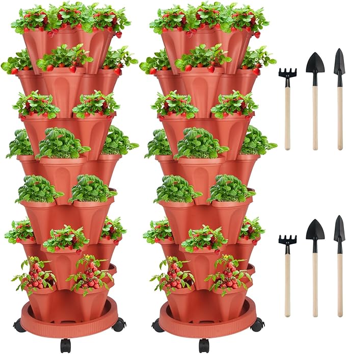 Vertical Planter 7 Tier Stackable Planters Garden Planters Strawberry Herb Flower and Vegetable Planter Indoor Outdoor Gardening Pots with Removable Wheels and Tools 2-Pack-Ruum Studio Home