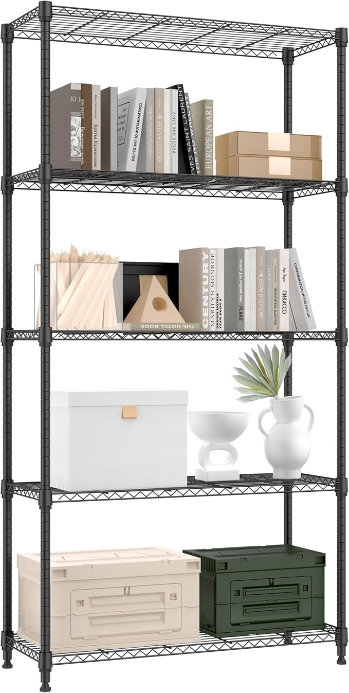 1250 lbs 5 Tier Shelf Metal Storage Shelves Shelving Wire Rack Heavy Duty Closet Organizers for Garage Kitchen Bathroom Laundry Black 13.8" D x 35.4" W x 68.5" H-Ruum Studio Home