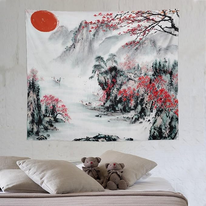 Cherry Blossoms Tapestry,Japanese Red Landscape Asian Watercolor Abstract Art Tapestry, Asian Japanese Wall Tapestry, Nature Landscape Tapestries for Bedroom Living Room Decor 60"x50"-Ruum Studio Home