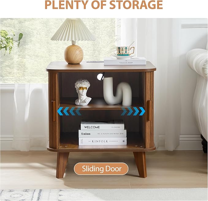 Farmhouse Square End Table with Charging Station, 24" Large Fluted Sofa Side Table with Sliding Tambour Door and Storage, Rustic Curved Wood Nightstand for Living Room, Bedroom, Walnut-Ruum Studio Home