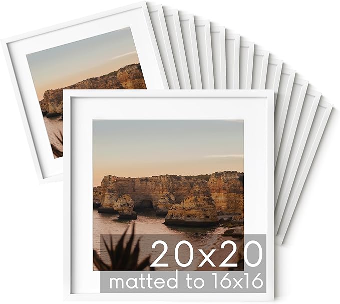 HAUS AND HUES 20x20 White Metal Picture Frames Matted to 16x16 - Features Premium Aluminum & Hanging Hardware, Shatterproof Plexiglass - Ideal for Home, Room, Office (20x20 in, White, Set of 15)-Ruum Studio Home