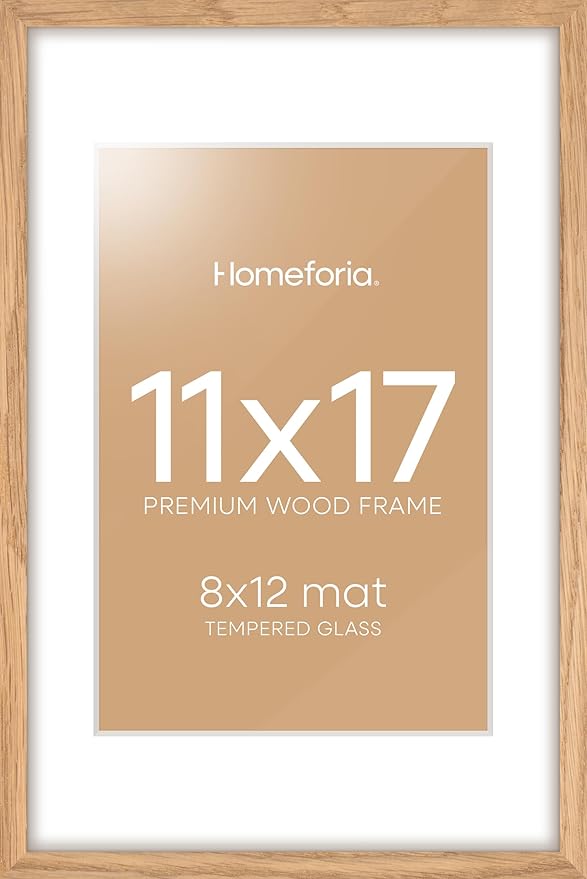 Homeforia 11x17 Wood Frame, High End Natural Oak 11x17 Light Wooden Picture Frame with Mat 8x12, 11 x 17 Poster Frames Matted to 8 by 12 Photo, 17x11 Hanging Frames, Tempered Glass, Wall Kit, Set of 1-Ruum Studio Home