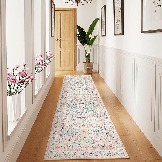 Wonnitar Floral Washable Runner Rug, 2'6"x8' Runners for Hallways Pink Rugs for Entryway Bedroom, Boho Non Slip Soft 8ft Long Carpet for Kitchen Bathroom Laundry-Ruum Studio Home