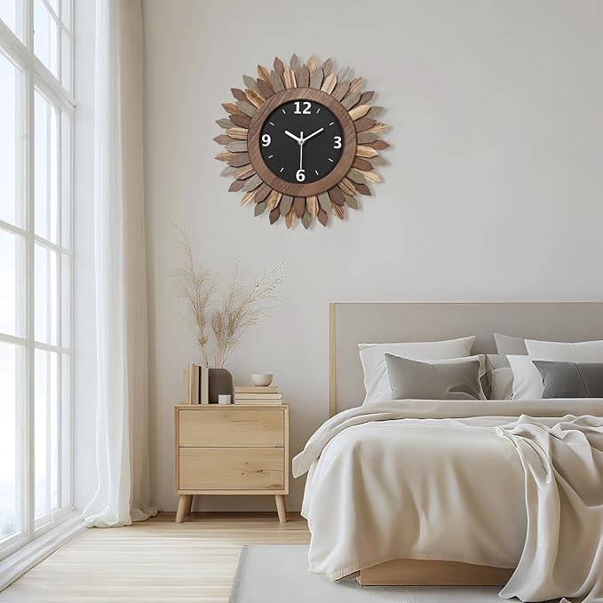 Honiway 14 Inch Wall Clock, Rustic Wood Boho Sunburst Decorative Wall Clocks Battery Operated Silent Non Ticking Farmhouse Small Wall Clocks for Living Room Kitchen Bedroom Home Decor (Tricolor)-Ruum Studio Home