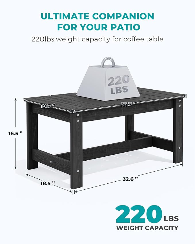 SERWALL Outdoor Coffee Table, HDPE Patio Coffee Table for Outside, Rectangle, Black-Ruum Studio Home