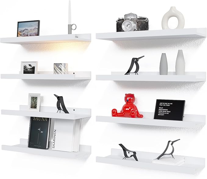 RICHER HOUSE 8 Set Floating Wall Mounted Shelves, Nursery Hanging Book Shelves with Lip for Storage, White Display Picture Ledge Shelf for Bedroom Bathroom Kitchen Living Room Wall Decor, Modern White-Ruum Studio Home