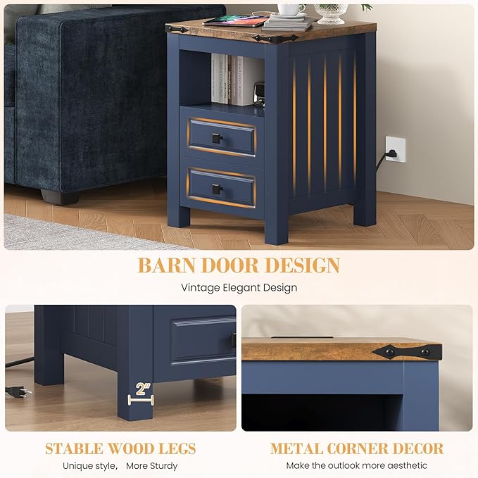 Apicizon Side Table, Farmhouse End Table with Charging Station and Storage Cabinet, 17'' Bedside Table with Drawers, Rustic Small Coffee Table for Living Room, Bedroom-Ruum Studio Home
