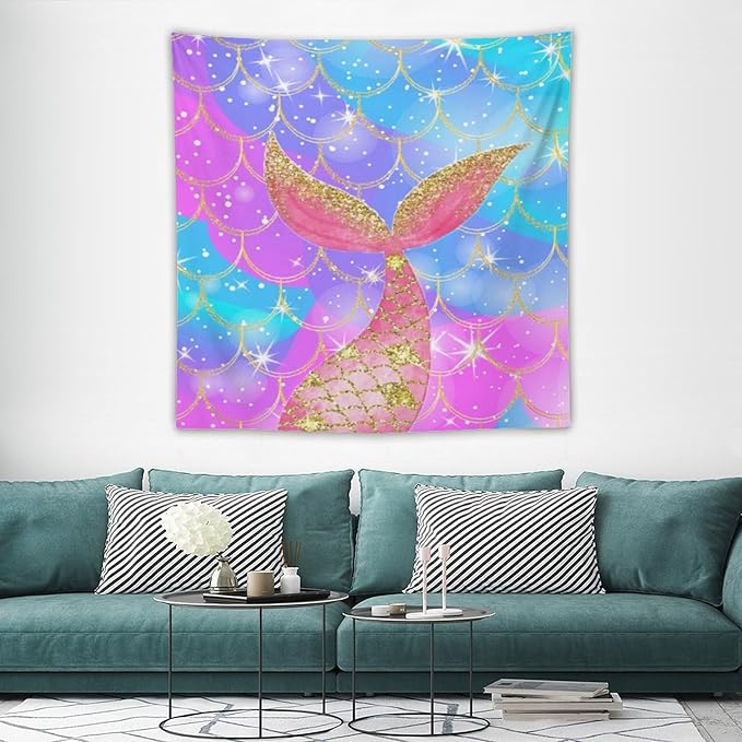 HZOHNAGO Mermaid Scales Tapestry Colorful Shiny Scales Mermaid Tail Pattern Printed Wall Tapestry Wall Hanging for Bedroom Living Room Dorm 60" W x 60" H-Ruum Studio Home