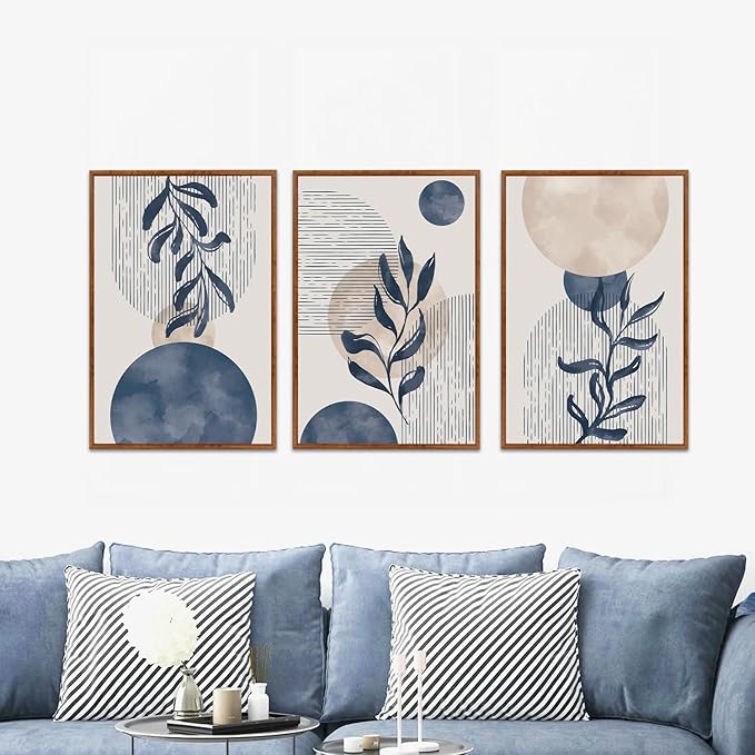 KAIRNE Boho Plant Wall Art Set of 3,Blue Bohemain Framed Canvas,Abstract Geometric Line Wall Painting,Modern Nature Prints,Botanical and Moon Wall Art for Living Room Bedroom Office - 3Pieces,16”X24”-Ruum Studio Home