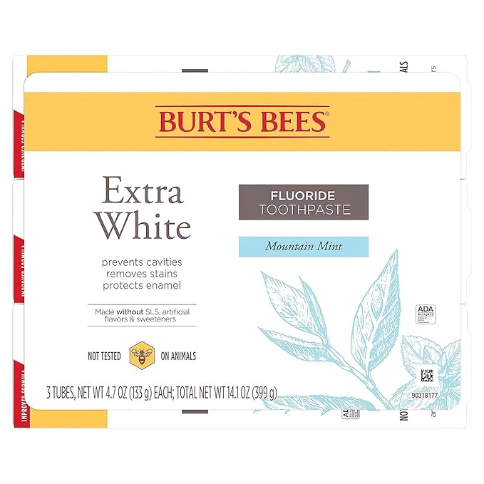 Burt's Bees Extra White Toothpaste, Fluoride Toothpaste, Natural Flavor, Mountain Mint, 4.7 oz, Pack of 3-Ruum Studio Home