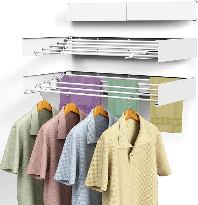 Laundry Drying Rack, Collapsible Wall Mounted Clothes Drying Rack - Drying Rack Clothing Foldable,Space Saving, 31.5" Wide, 13.2 Linear Ft, 5 Aluminum Rods, 60 lb Capacity (White, 31.5")-Ruum Studio Home