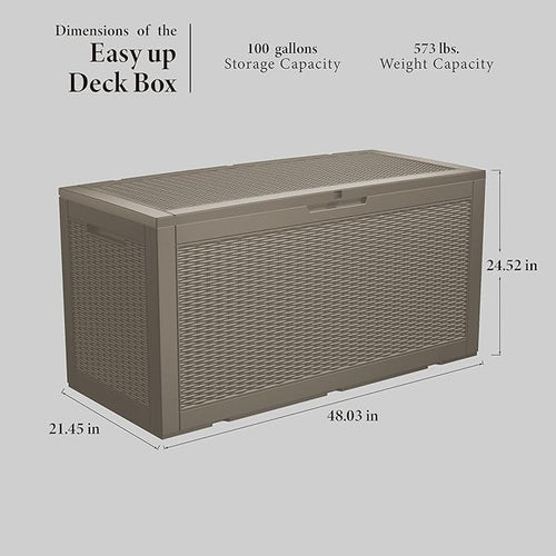 100 Gallon Lockable Resin Deck Box, Waterproof & UV-Resistant Outdoor Storage Box for Outdoor Cushion Storage, Garden Tools & Pool Accessories Storage, Gray-Ruum Studio Home