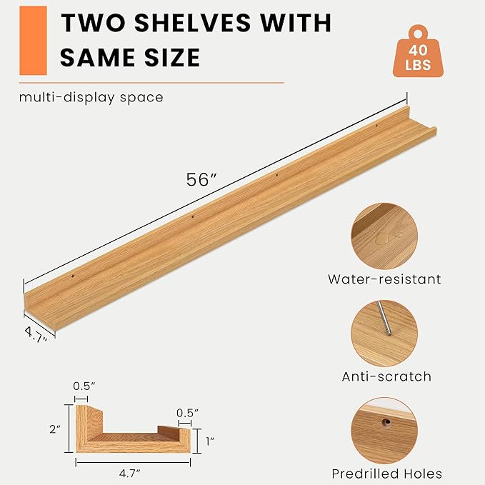 Heimlove Picture Ledge Shelf, Floating Shelves Set of 2, 56 Inches Picture Shelf for Wall with Ledge, Kids Bookshelf Wall Mounted for Living Room Bedroom Decor Books Photo Frames, Natural Oak-Ruum Studio Home