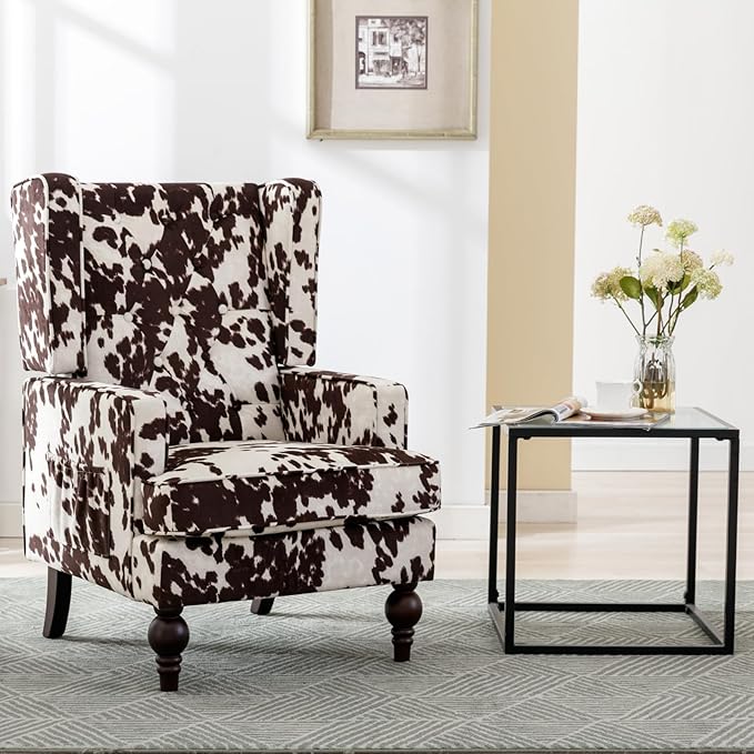 Mid-Century Accent Chair, Upholstered Arm Chair Linen Fabric Side Chair with High Back Solid Wooden Legs, Comfy Reading Chair for Living Room Bedroom, Milk Cow-Ruum Studio Home