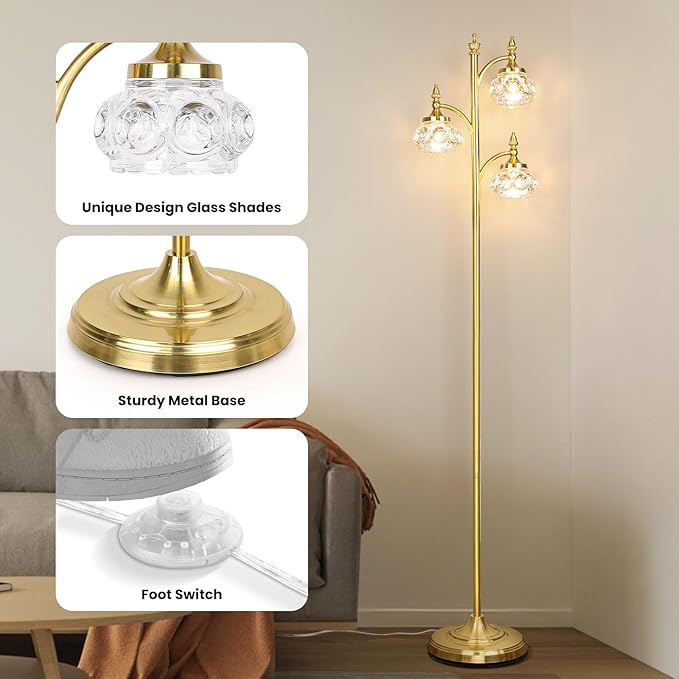 Gold Floor Lamp, Dimmable Tree Floor Lamps for Living Room Brass Tall Standing Lamp with 3 Rotatable Lights Glass Shade 66.5'' Modern Corner Lamp for Bedroom Office(3LED Bulbs Included)-Ruum Studio Home